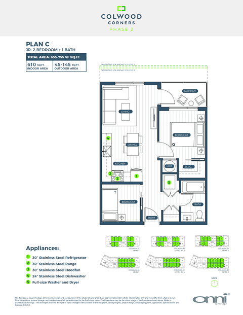 Floor plan for 2 beds, 1 bath, 610 sqft